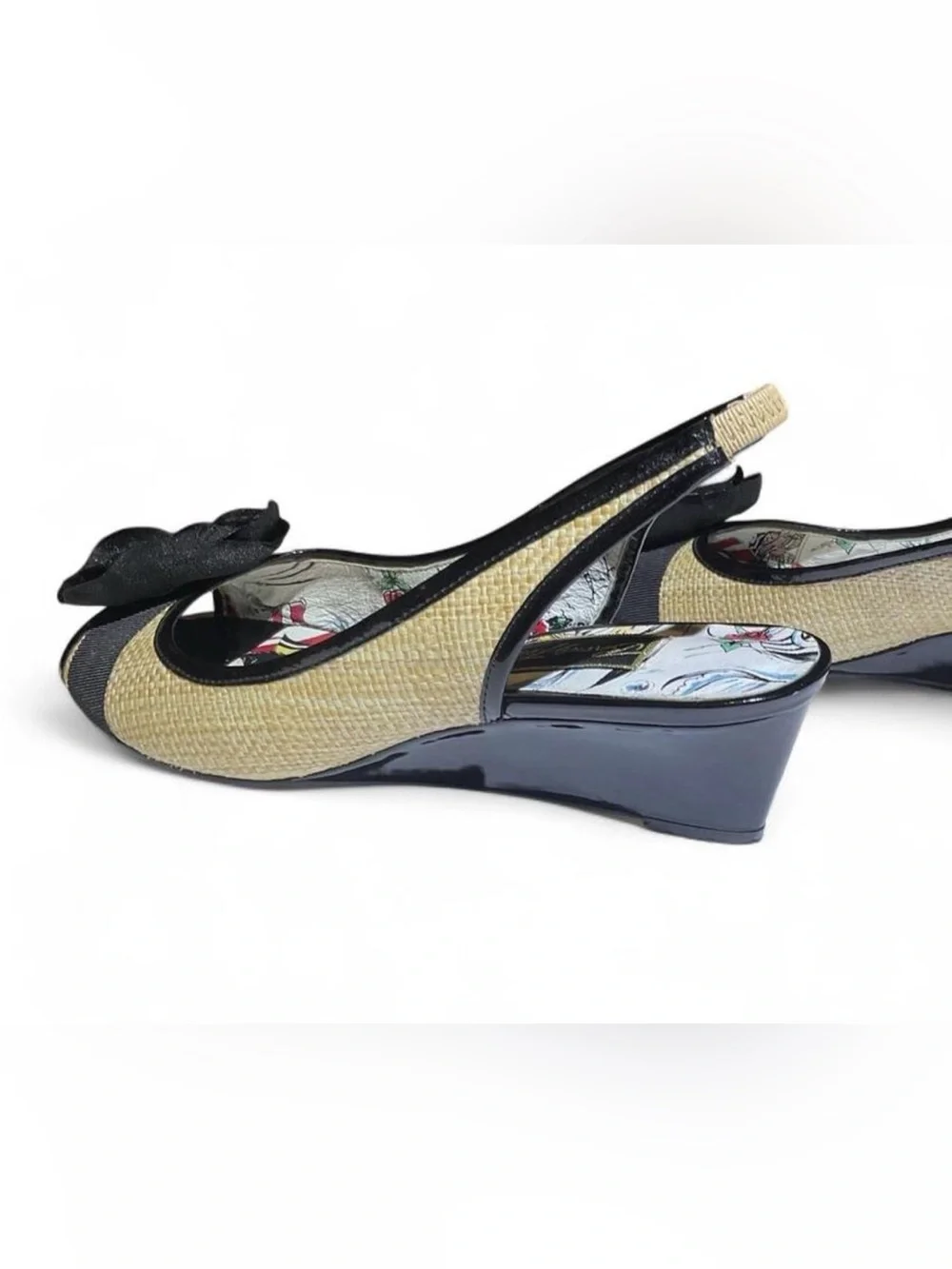 Beverly Feldman Black and Natural Slingback Peep-Toe Wedge with Bow